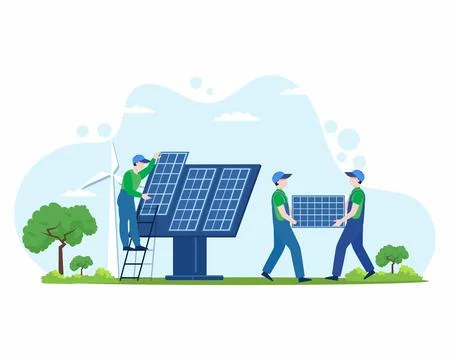 Technician engineer working with solar panels and power Green renewable energy Stock Illustration