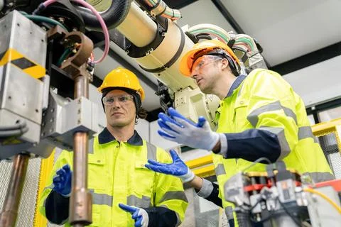Technician engineers check robot arms Stock Photos