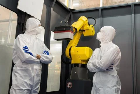 Technician engineers check robot Stock Photos