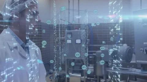 Technician entering plant checking pad, adjusting control knobs with hologram Video stock 323270624