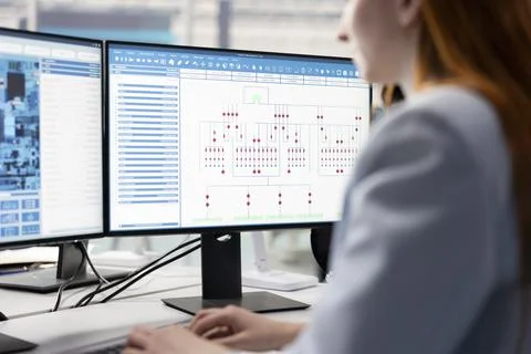 Technician evaluating PCB system architecture blueprints on computer monitor 写真素材