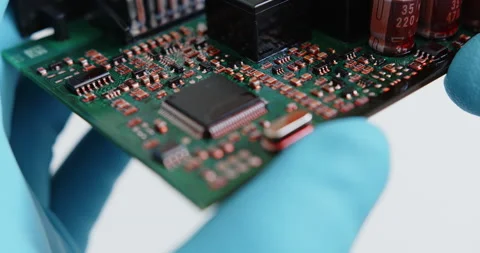 Technician examines the chips of electronic device Stock Footage 150870111