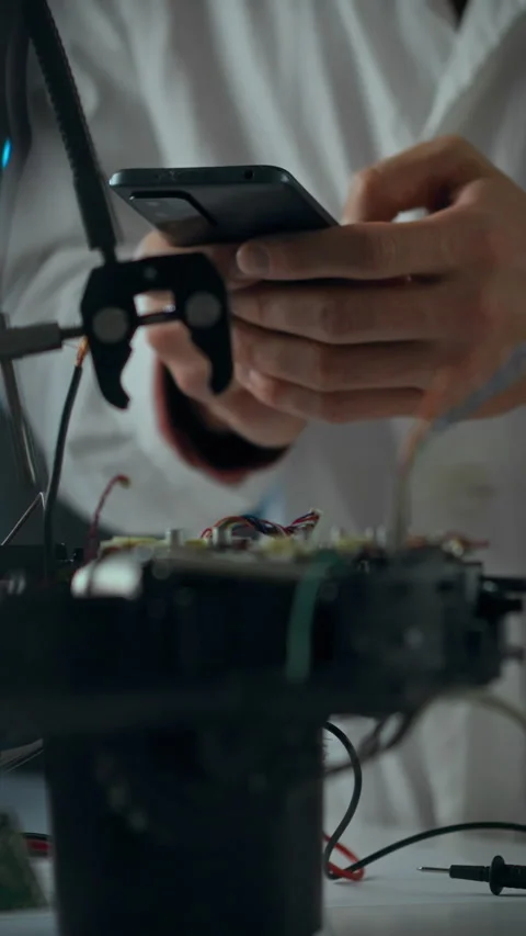 Technician examines electronics with smartphone in lab setting during inspec Stock Footage 331729600