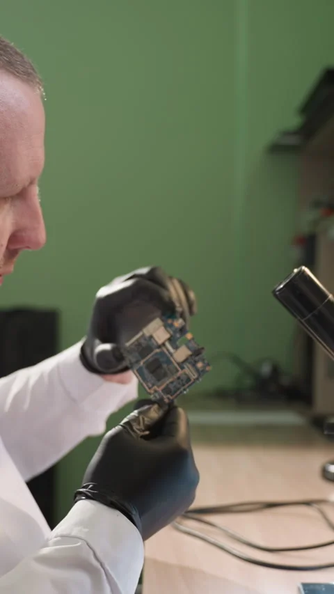 Technician Examining Circuit Board Under Microscope in Well-Lit Electronics Lab Video stock 310489988