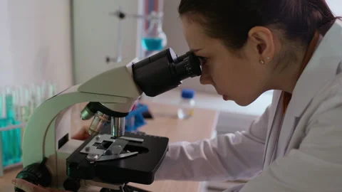 Technician Examining Molecules under Microscope Connected to Computer Stock Footage 332360395