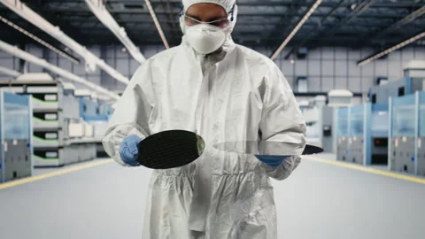 Technician examining semiconductor substrate in cleanroom of manufacturing plant Stock Footage 333392202