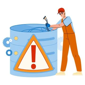 Technician fixing database server error with cables and warning sign Illustrazione stock