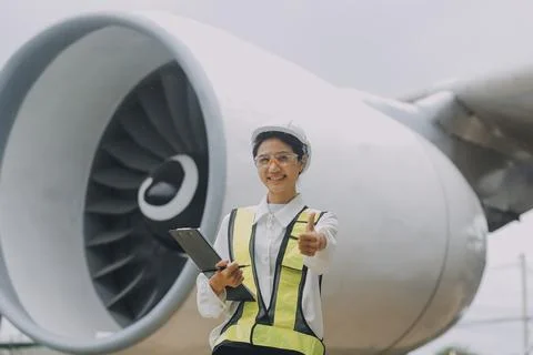 Technician fixing the engine of the airplane,Female aerospace engineering c.. Foto stock
