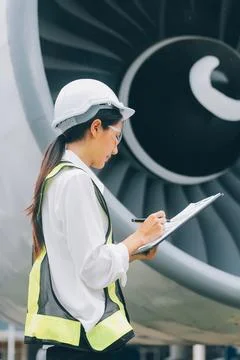 Technician fixing the engine of the airplane,Female aerospace engineering c.. 库存照片