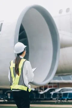 Technician fixing the engine of the airplane,Female aerospace engineering c.. Foto stock