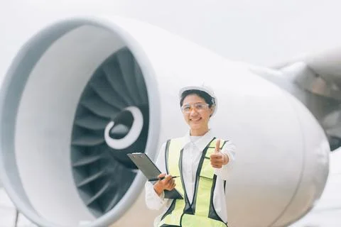 Technician fixing the engine of the airplane,Female aerospace engineering c.. 库存照片