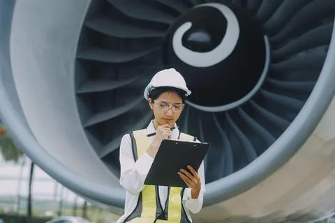 Technician fixing the engine of the airplane,Female aerospace engineering c.. 库存照片