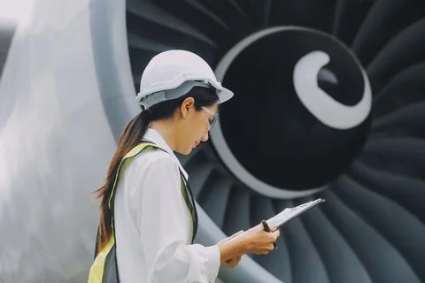 Technician fixing the engine of the airplane,Female aerospace engineering c.. Foto stock