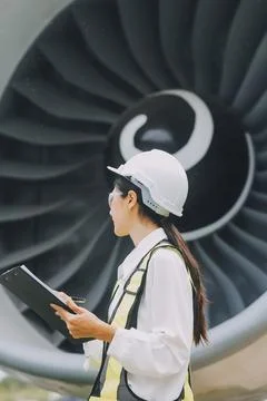 Technician fixing the engine of the airplane,Female aerospace engineering c.. 库存照片