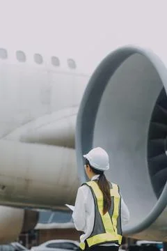 Technician fixing the engine of the airplane,Female aerospace engineering c.. 库存照片