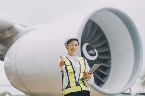 Technician fixing the engine of the airplane,Female aerospace engineering c.. 库存照片