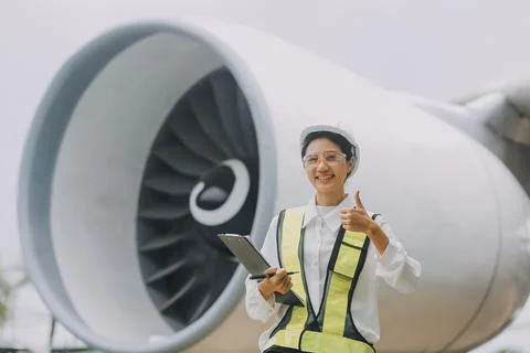 Technician fixing the engine of the airplane,Female aerospace engineering c.. 库存照片