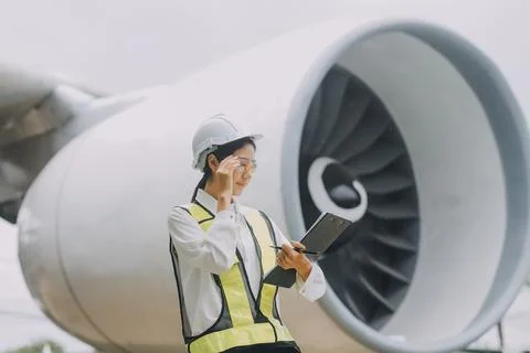 Technician fixing the engine of the airplane,Female aerospace engineering c.. Foto stock