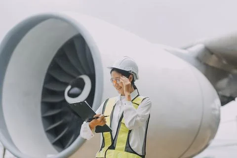 Technician fixing the engine of the airplane,Female aerospace engineering c.. 库存照片