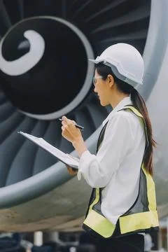 Technician fixing the engine of the airplane,Female aerospace engineering c.. 库存照片