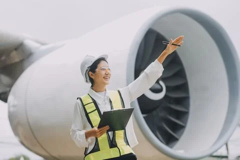 Technician fixing the engine of the airplane,Female aerospace engineering c.. Foto stock