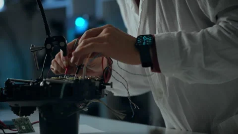 A technician focuses on assembling electronic circuits in a dimly lit labora Stock Footage 289576674