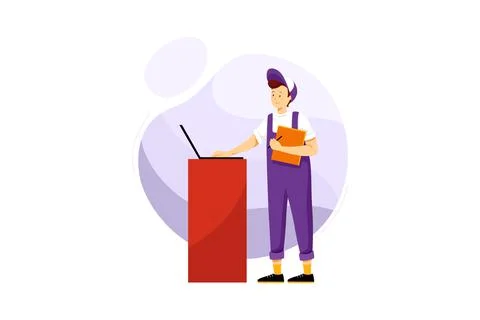 Technician with folder and computer at garage Stock Illustration