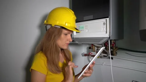 Technician girl with tablet computer inspecting gas boiler heating system Video stock 149234813