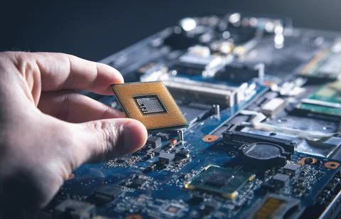 Technician hand holding cpu processor of pc. 스톡 사진