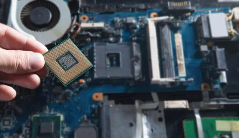 Technician hand holding cpu processor of pc. 스톡 사진