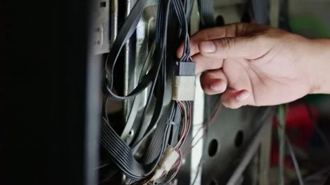 Technician Hand Holding Messy Computer Cables, Internal PC Hardware Repair .. Video stock 330032201