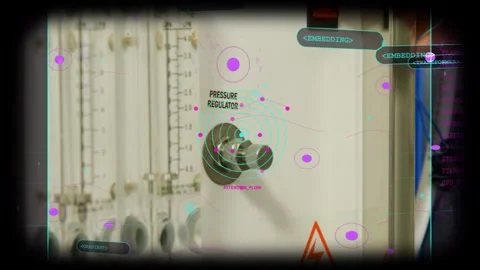 Technician hand turning regulator knob, HUD pulsing centering, flow meters Stock Footage 333105375