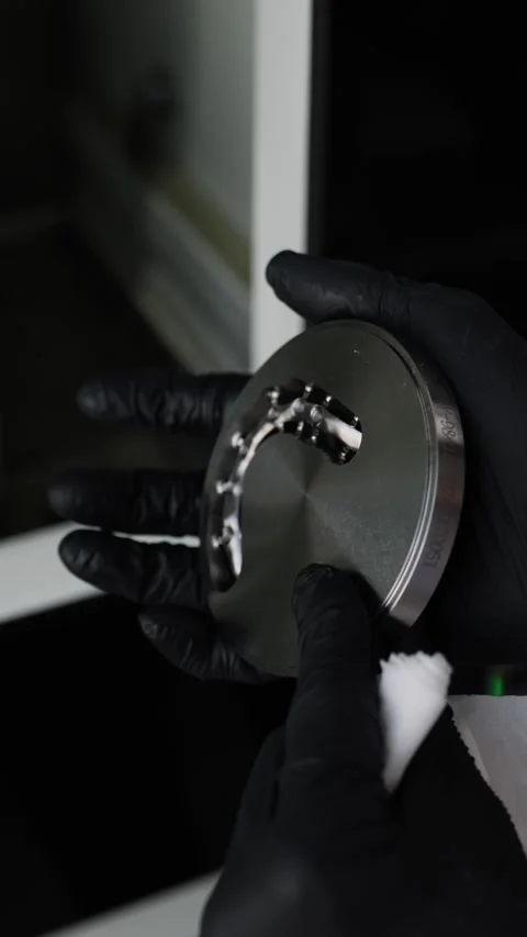 Technician hands demonstrate titan disk of computer aided manufacturing system Video stock 320826804
