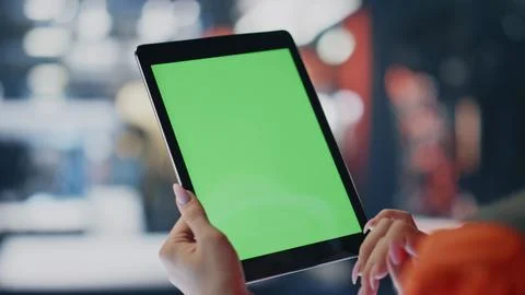 Technician holding chroma key tablet analysing production data factory close up. Foto stock