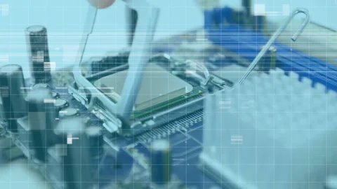 Technician holding CPU chip aligning into socket engaging arm latch locking Stock Footage 311455814