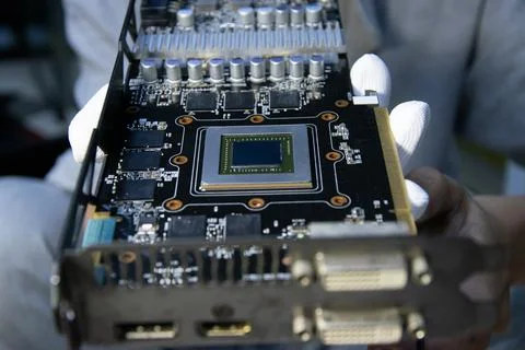 Technician holding a graphics card, computer parts, circuit repair Stock Photos