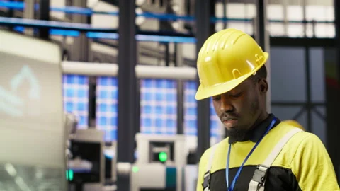Technician in industrial plant using tablet app to diagnose equipment errors Stock Footage 307449706