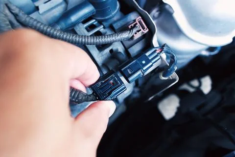 Technician inserting the alternator or generator plug of the car Stock Photos