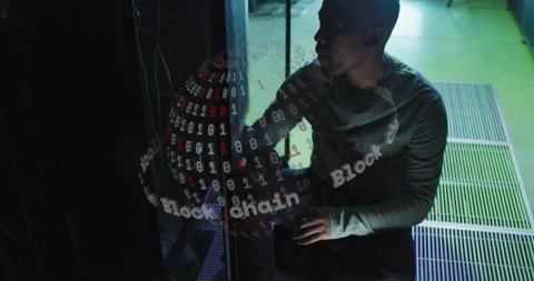 Technician inspecting and adjusting cable by rack in DC, blockchain holo sphere Stock Footage 331269907