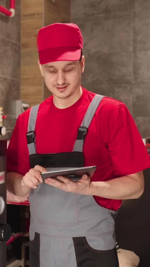 Technician Inspecting Boiler Room With Digital Tablet Stock Footage 346126639