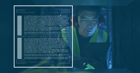 Technician inspecting cables in data center tapping tablet for algorithm UI with 스톡 동영상 312486073
