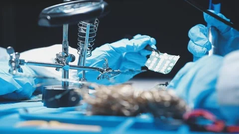 Technician inspecting a circuit board with a magnifying glass. Close up of .. Stock Footage 340025930