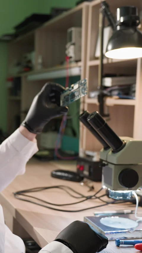 Technician Inspecting Circuit Board Under Microscope in Organized Electronics Video stock 310490009