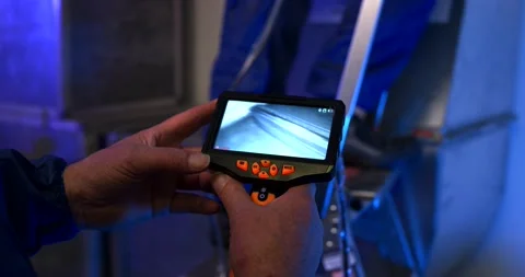 Technician Inspecting Duct Interior On Borescope Screen, Close Up Shot Stock Footage 340325715