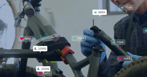 Technician inspecting e-bike module and generating floating AR metrics in bike Stock Footage 314707480