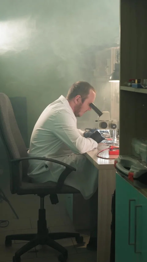 Technician Inspecting Electronic Components with Microscope in Organized Lab Video stock 310490683
