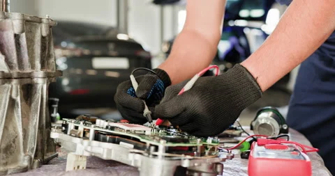 Technician Inspecting Electronic Control Unit With Probes. Auto mechanic working Stock Footage 277152208