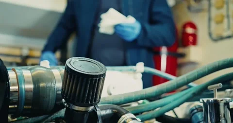 Technician Inspecting Engine Room with Hoses and Valves Stock Footage 323767568
