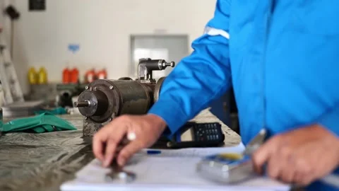 Technician inspecting a machine flange by measuring dimensions with precision to Stockbeeldmateriaal 304071870
