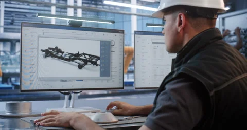 Technician Inspecting Machined Component with Caliper at CAD Workstation Stock Footage 344393627